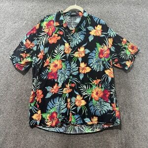 JOGAL Mens XL Floral Hawaiian Shirt Black Orange Blue Tropical‎ Button Up